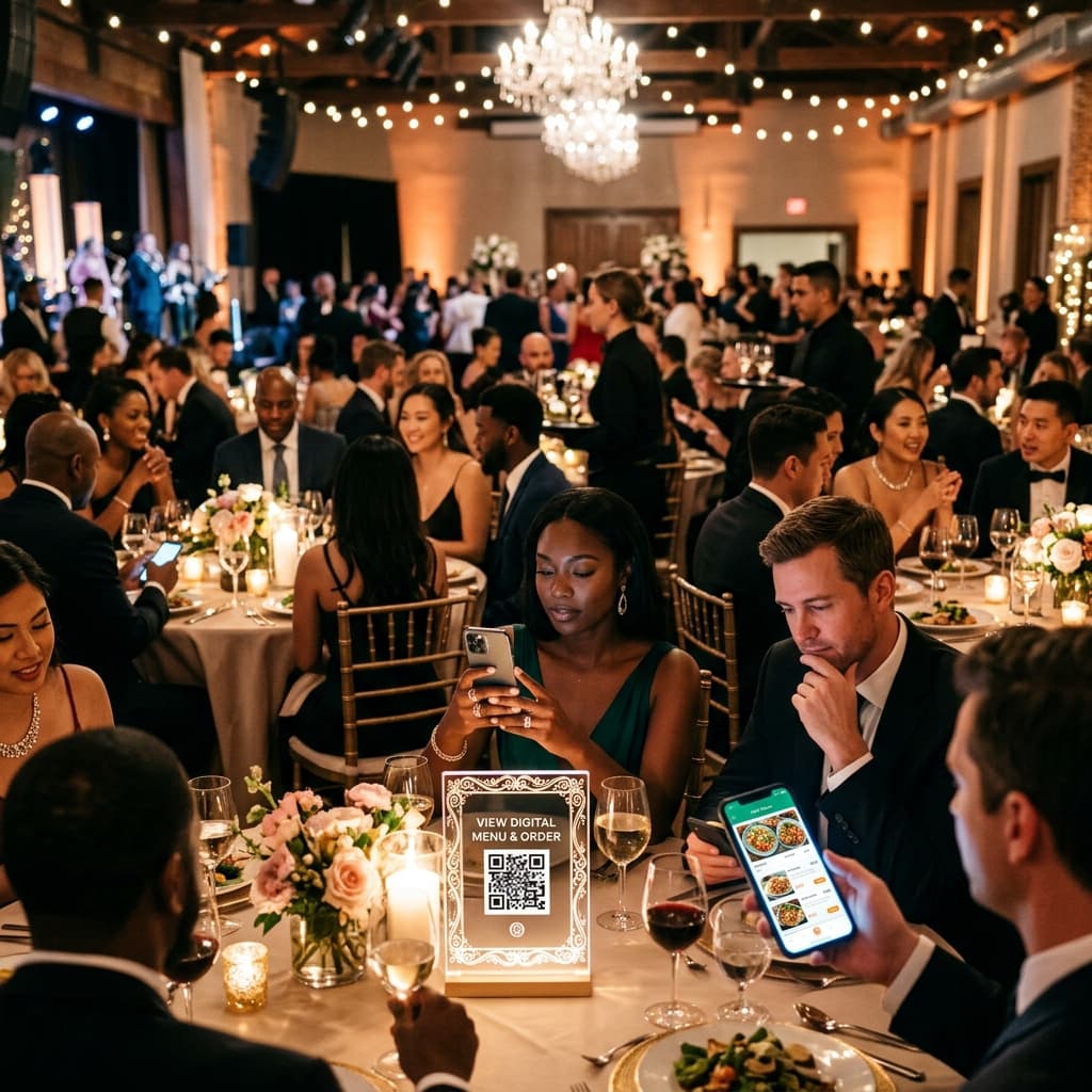 Diverse guests scanning QR codes at an elegant event dinner